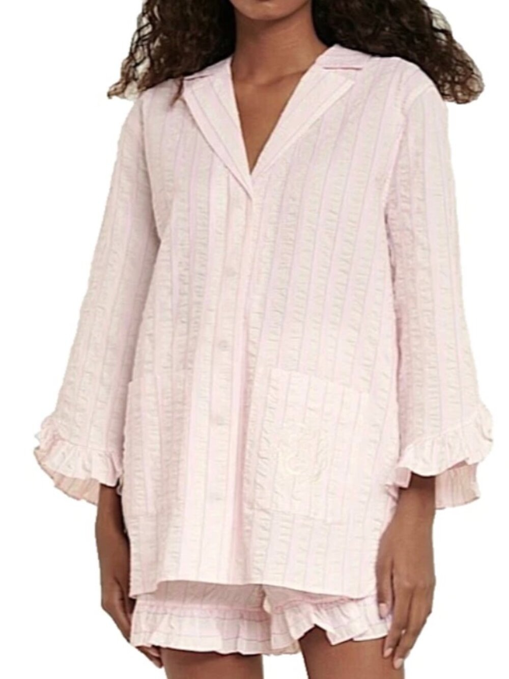 GANNI Striped Seersucker Tunic Shirt Ruffled Pastel Pink